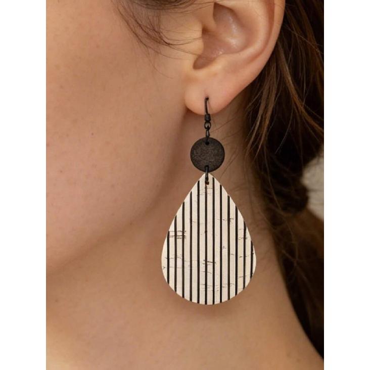 1 Pair Vintage Black Round Wood Slice Patchwork White Background Black Vertical Stripe Distressed Cracked Water Drop Wooden Earrings