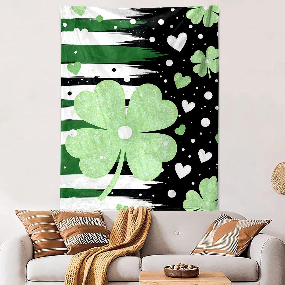 Green Glitter Clover and Heart Pattern Patterned tapestry home decor, suitable for bedroom and living room, gift