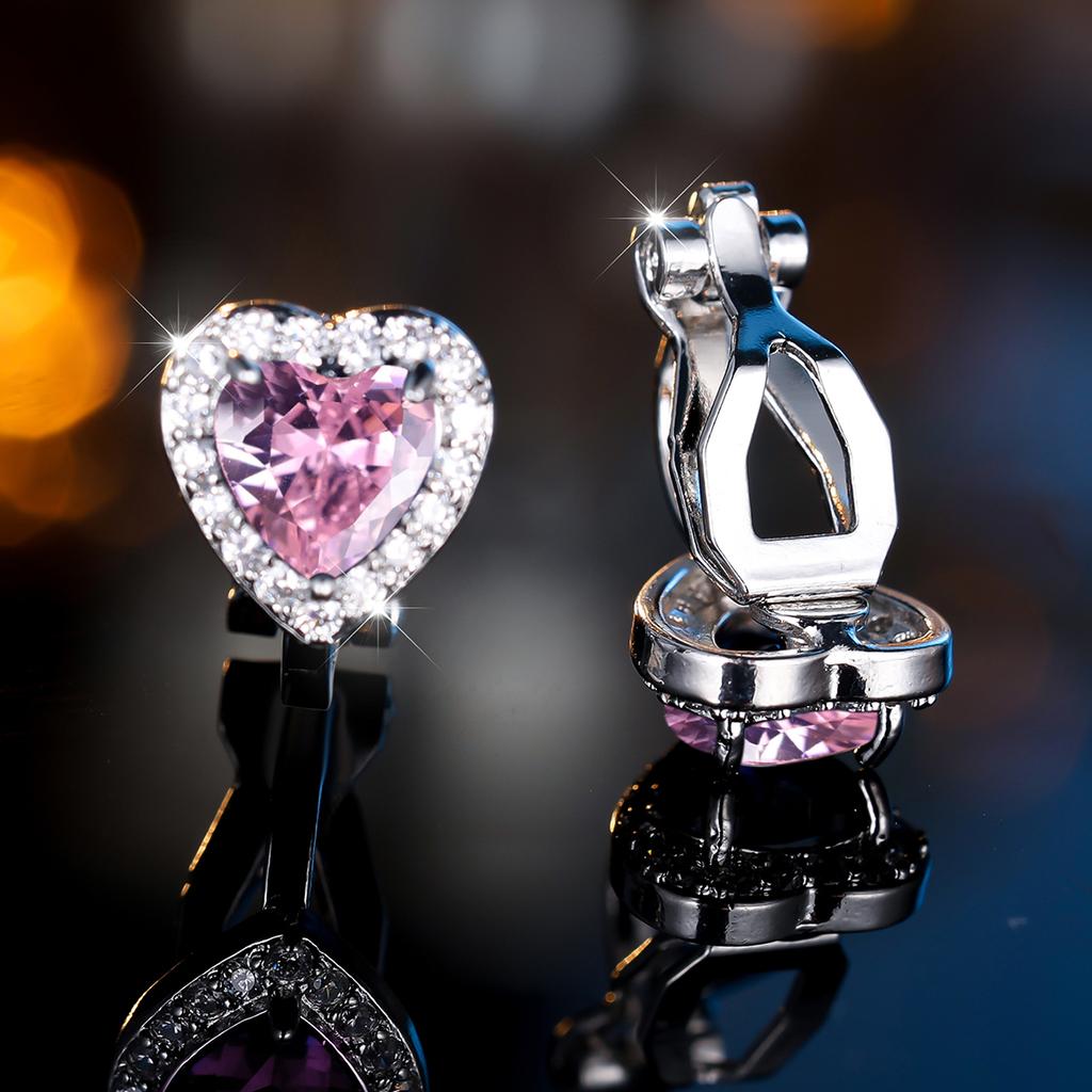 1 Pair Silvery Color Heart Cut Pink Stone Clip Earrings Ear Clip Wedding Jewelry Gifts