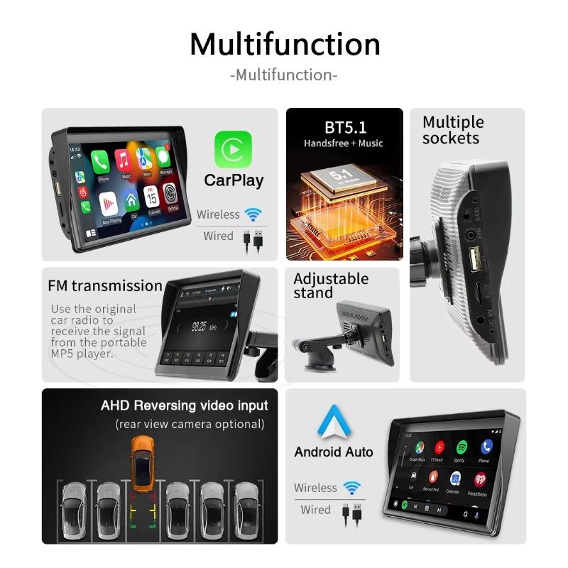 7'' Universal Car Radio Wireless Carplay Android Auto Mirrorlink Portable BT/USB/AUX with Sun Visor Multimedia Car Player