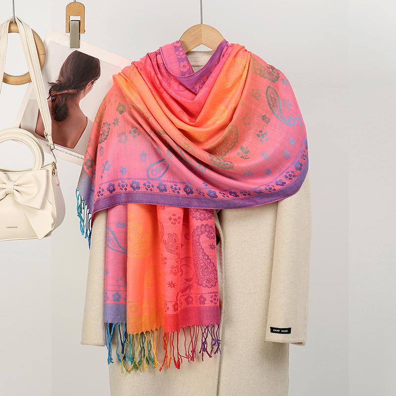 Boho Elegant Jacquard Pashmina Imitation Cashmere Scarf Winter Thick Warm Rainbow Color Shawl Wrap Coldproof Blanket Scarf Stole