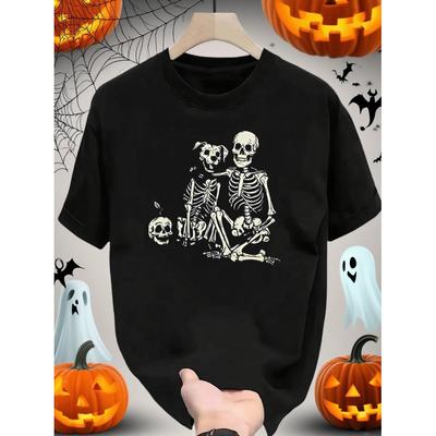 Spooky Skeleton Friends Unisex Casual T-shirt Dog And Human Skeleton Short-sleeve Crew Neck Halloween Style Fun Essential