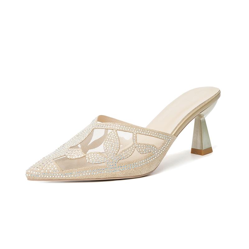 Летние лаконичные женские туфли-мюли на высоком каблуке женские тапочки свадебные босоножки женская обувь модные стразы сетчатые кружевные шлепанцы