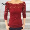 Женские топы с косым воротником и длинными рукавами, кружевная рубашка, ажурное кружево, сращивание, однотонные, облегающие, с вышитыми кружевными цветами