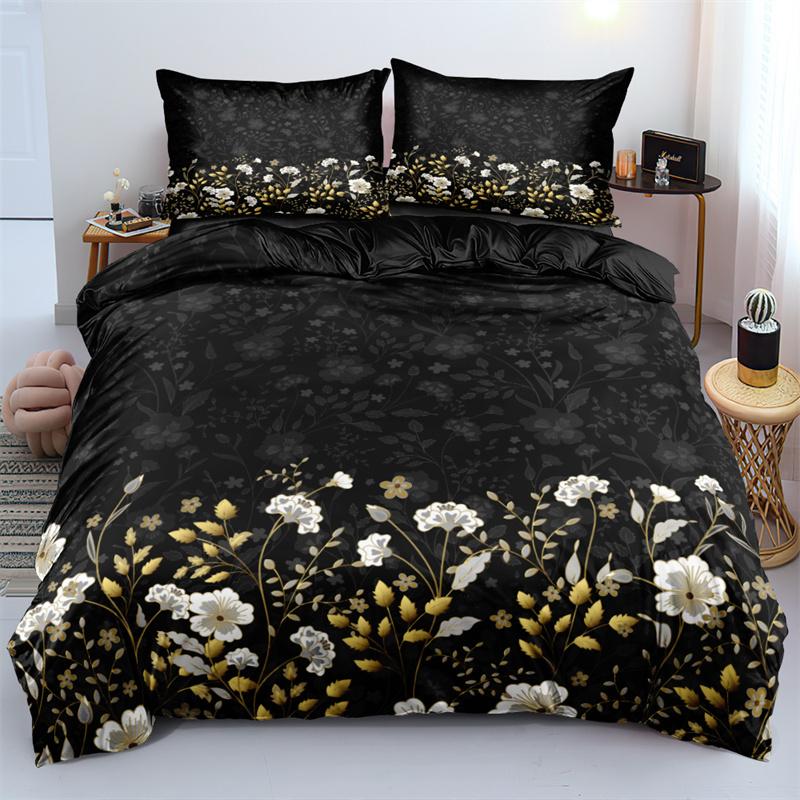 3D Design Flower Duvet Cover Sets Queen Size Floral Print Set Sleeping Decor Black Quilt/Comfort Cover With Pillows