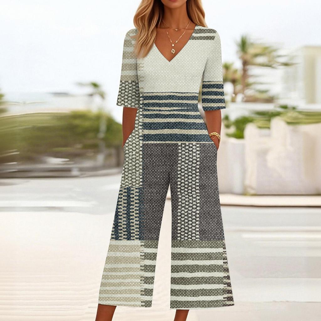 Женский свободный повседневный комбинезон с V-образным вырезом и принтом, облегающий комбинезон с широкими штанинами, комбинезон с широкими штанинами