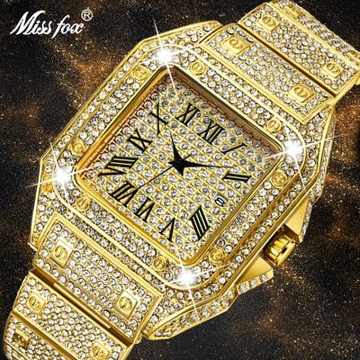 MISSFOX Ice Out Square Watch для мужчин, лучший бренд, роскошные мужские часы с бриллиантами, ультратонкие водонепроницаемые часы в стиле хип-хоп