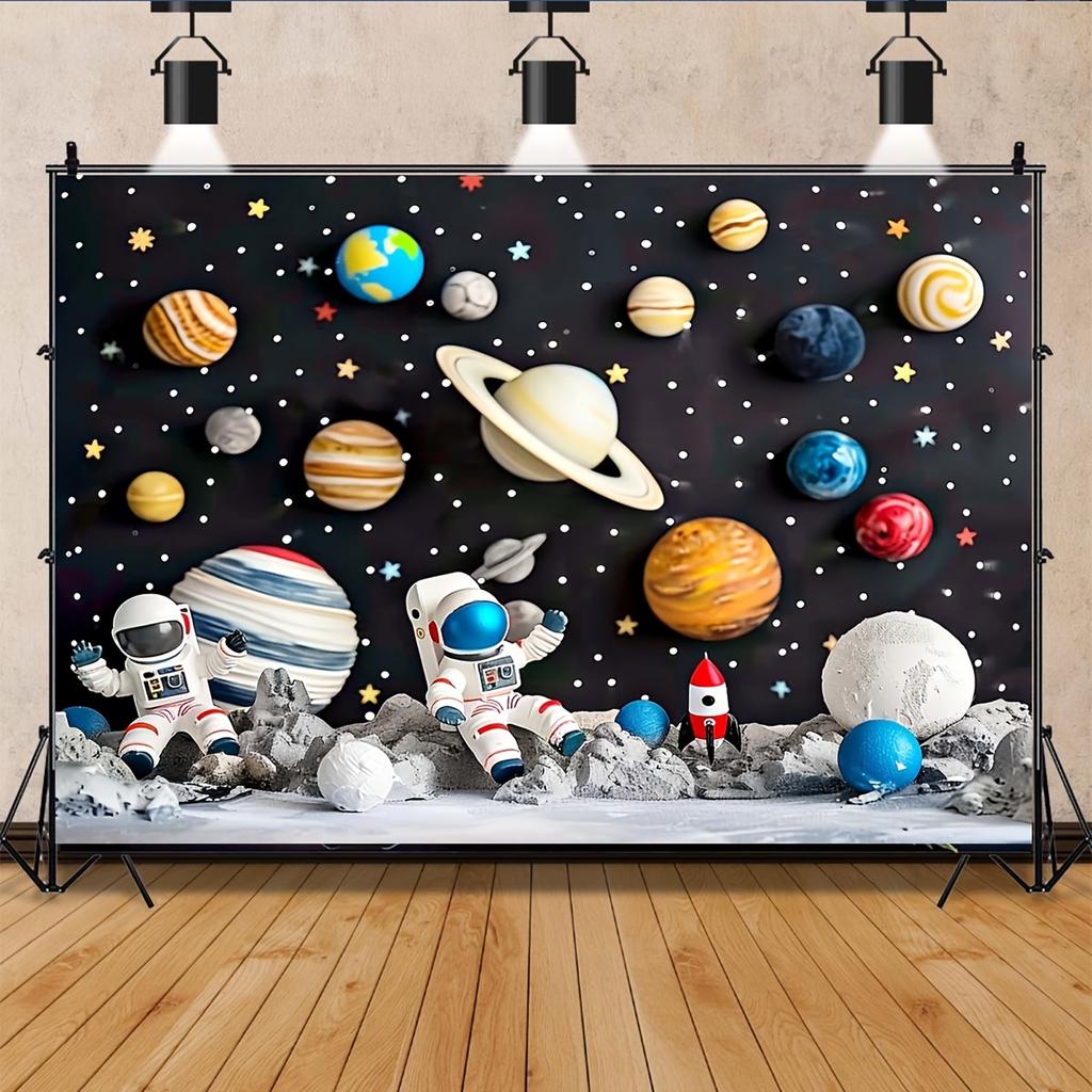 Space-themed photo backgrounds cartoon astronauts planets stars rocket spaceships polyester birthday parties