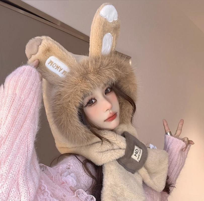 New Fashion Thickened Hat Scarf with Cute Ears Plush Winter Women's Hats Beanies Pompom Knit Bonnet Fluffy Winter Cap Bomber Hats For Women