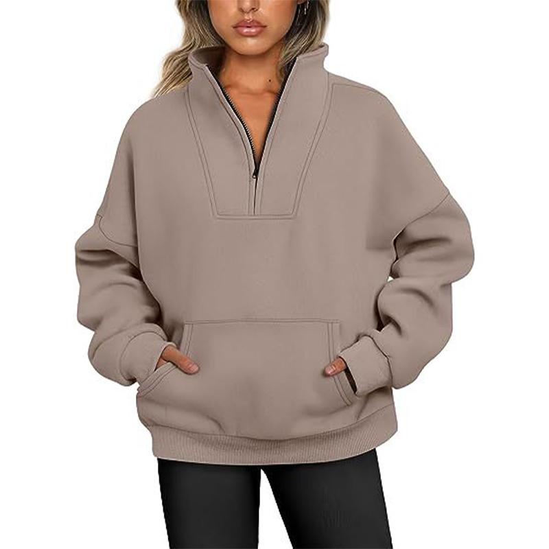 Women's Sweatshirt Stand Collar Solid Color Fashion Pocket Zipper Tops Casual Loose Fleece Ribbed Pullover