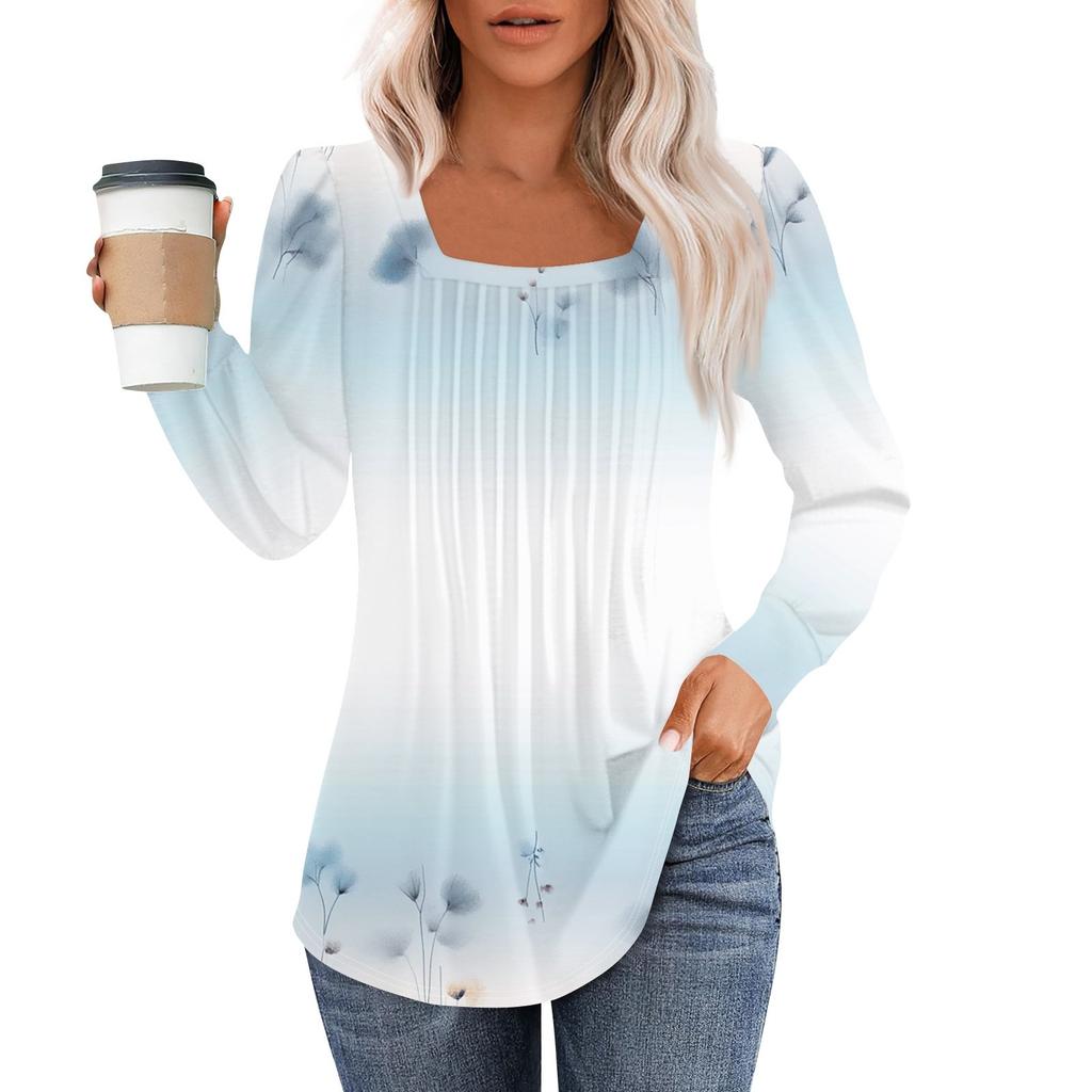 Long Sleeve Shirts For Women Tops Dressy Casual Blouses Pleated Square Scooped Neck Tunic Tops