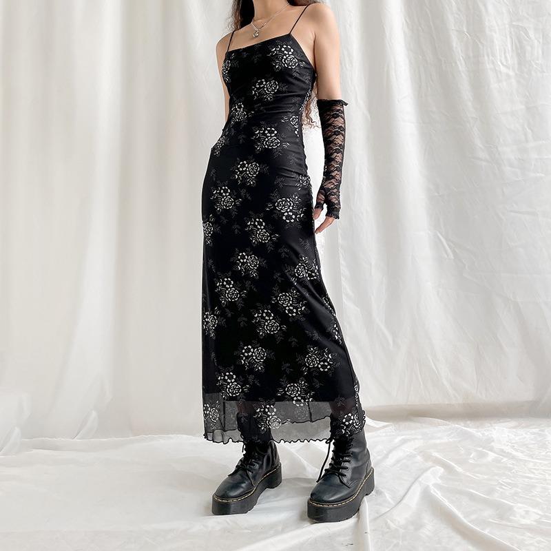 Y2K Retro Fashion Strap Printing Summer Maxi Dress Women Fairycore Grunge Chic Party Long Mesh Dresses Gothic Clothes
