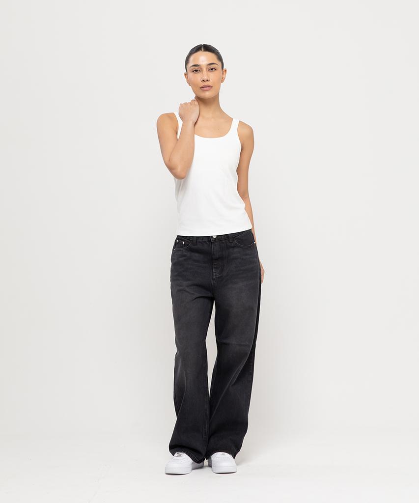 Chambros Women'S Semi-Wide Washed Denim Pants [Washed Black]