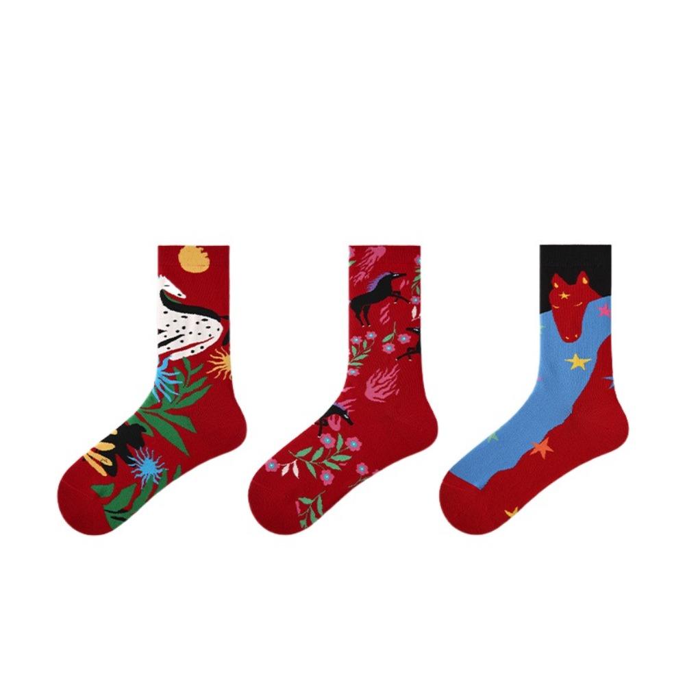 3Pairs Cartoon New Year Tube Socks Mid Calf Zodiac Year Socks Funny Red Cotton Socks Gift