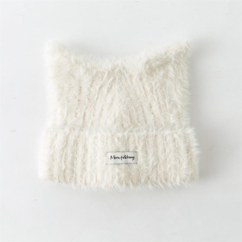 [Thin] Korean cute cat ears plush hat autumn and winter warm ear protection hat versatile big head circumference knitted hat