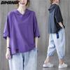 DIMANAF 2023 летние женские футболки больших размеров, однотонные топы с принтом, футболки-туники, свободная хлопковая рубашка оверсайз, повседневная фиолетовая одежда