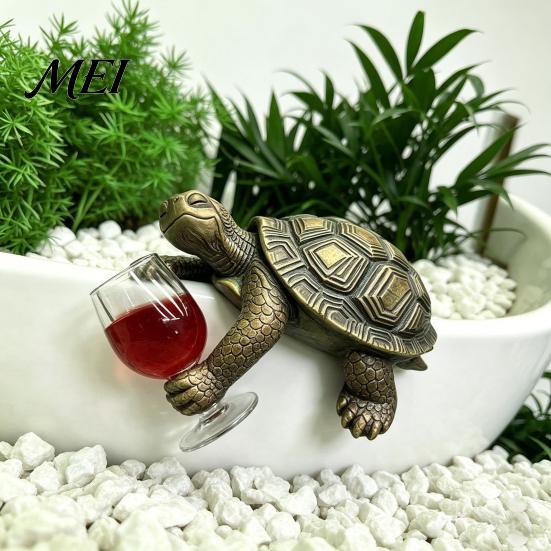 Waterproof Outdoor Ornaments Wine Drinking Turtle Figurine, Planter Hanger Statue, Plant Whimsical Balcony Decorations Pot Resin Ornament for