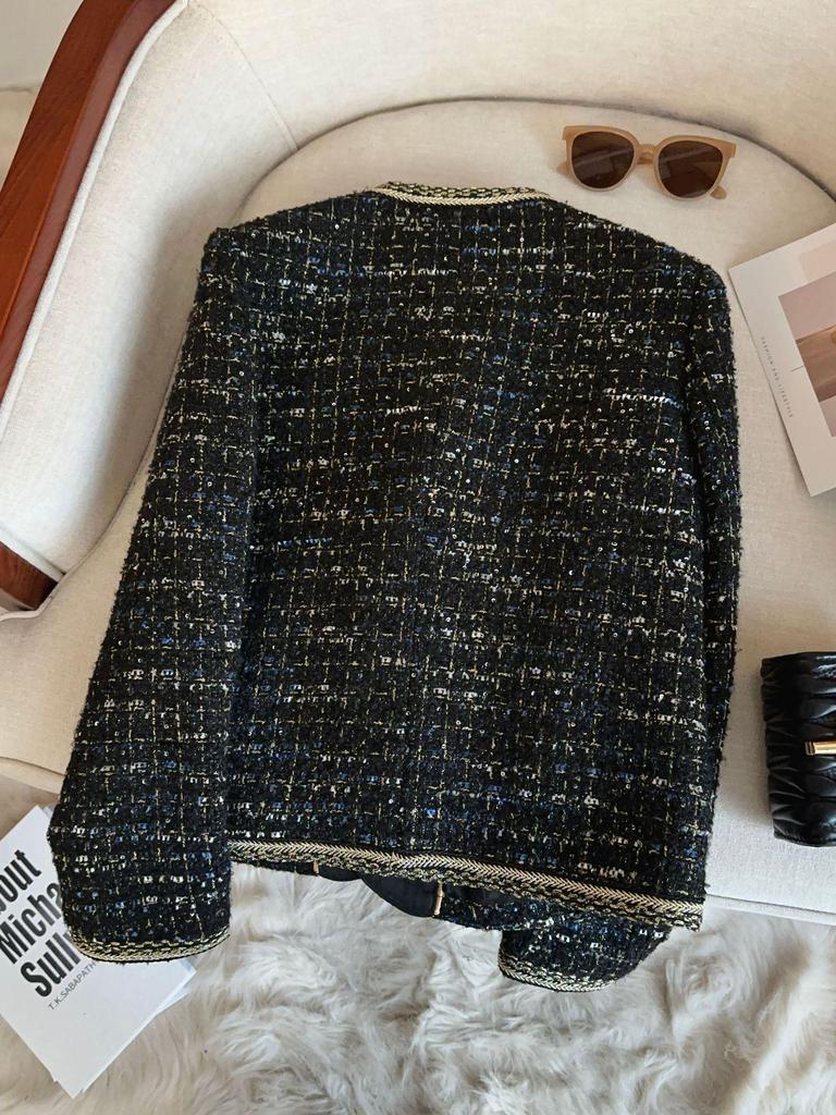 Женский черный твидовый жакет во французском стиле с кружевом A71337