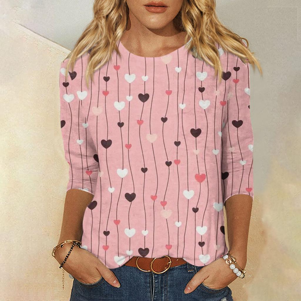 Женская мода, повседневная свободная футболка с принтом на День святого Валентина и круглым вырезом, рукав 3/4, женский топ