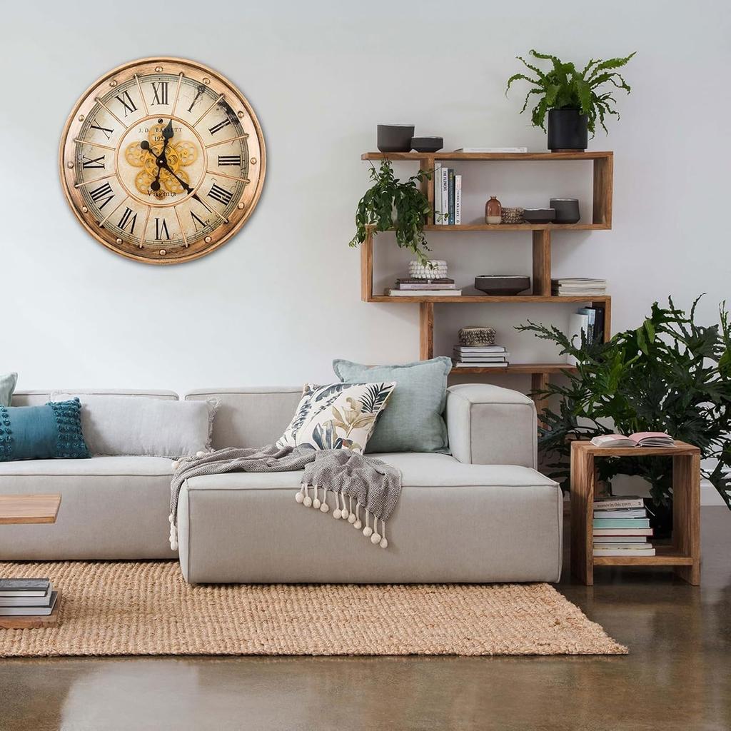 Retro Moving Gear Wall ClockVintage Industrial Steampunk Exposed Gear Clock for Living Room Decor