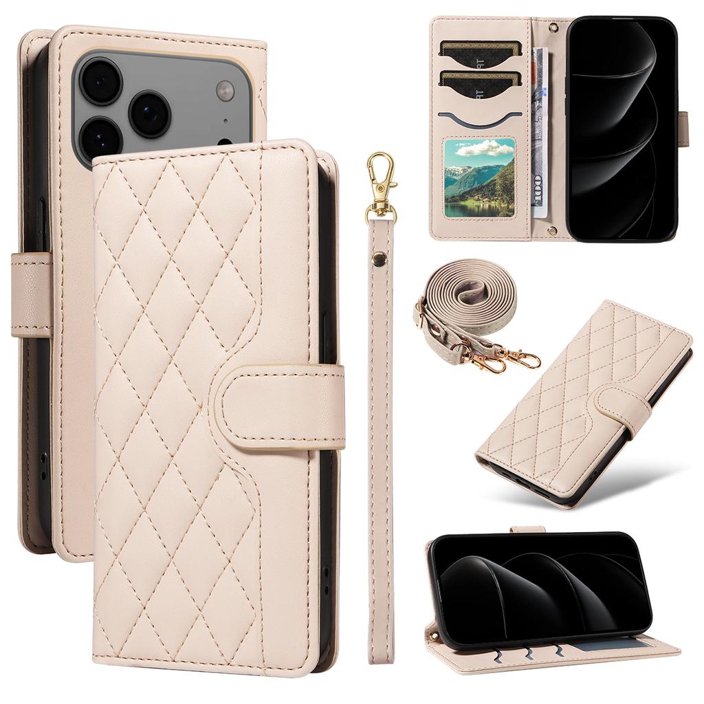 For iPhone 17 Pro Max Wallet Case Rhombus Leather Phone Cover with Strap