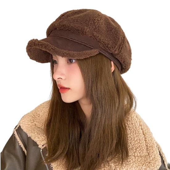 Winter Octagonal Cap Thick Plush Short Brim Contrast Color Keep Warm Peaked Cap Literary Retro Style Headwear for Work Travel Daily Wear
