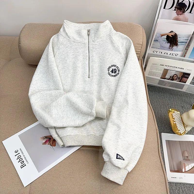 Женский ретро свитер с вышивкой на молнии до середины груди, со стойкой, осенне-зимний пуловер с длинным рукавом и плюшевой подкладкой