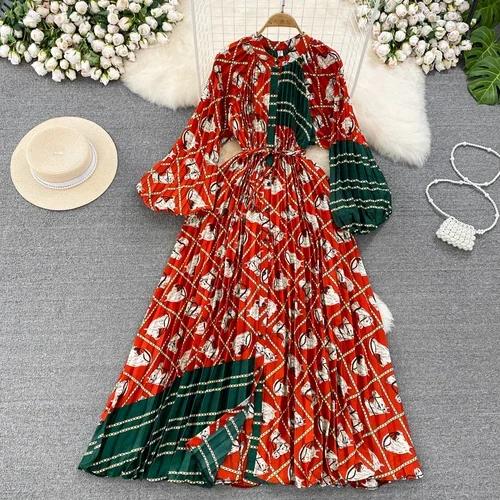 Платья Temperament Lantern Длинные рукава Круглый вырез Тонкий однобортный принтованное платье Элегантные винтажные шикарные женские платья