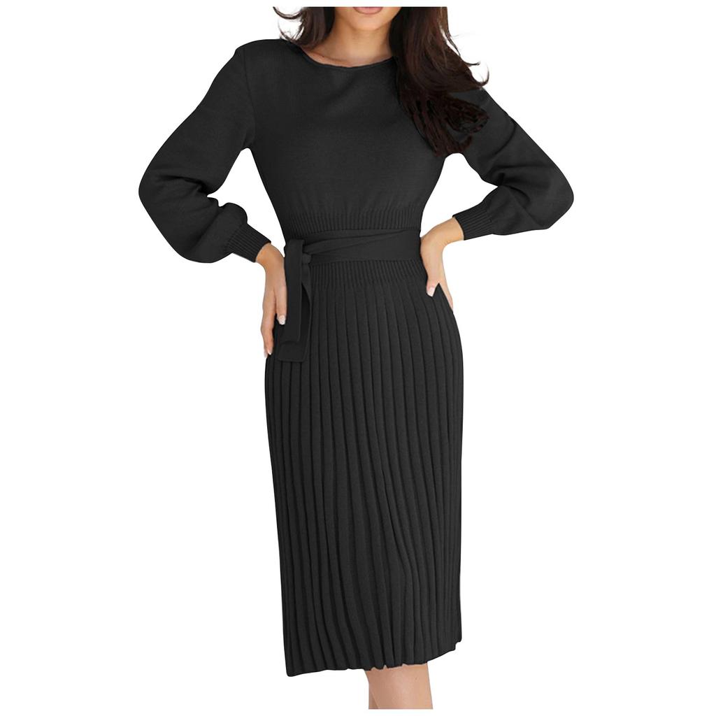 Women's Fashion Casual Solid Color Round Neck Long Sleeves Knitted Slim Fit Pleated Dress