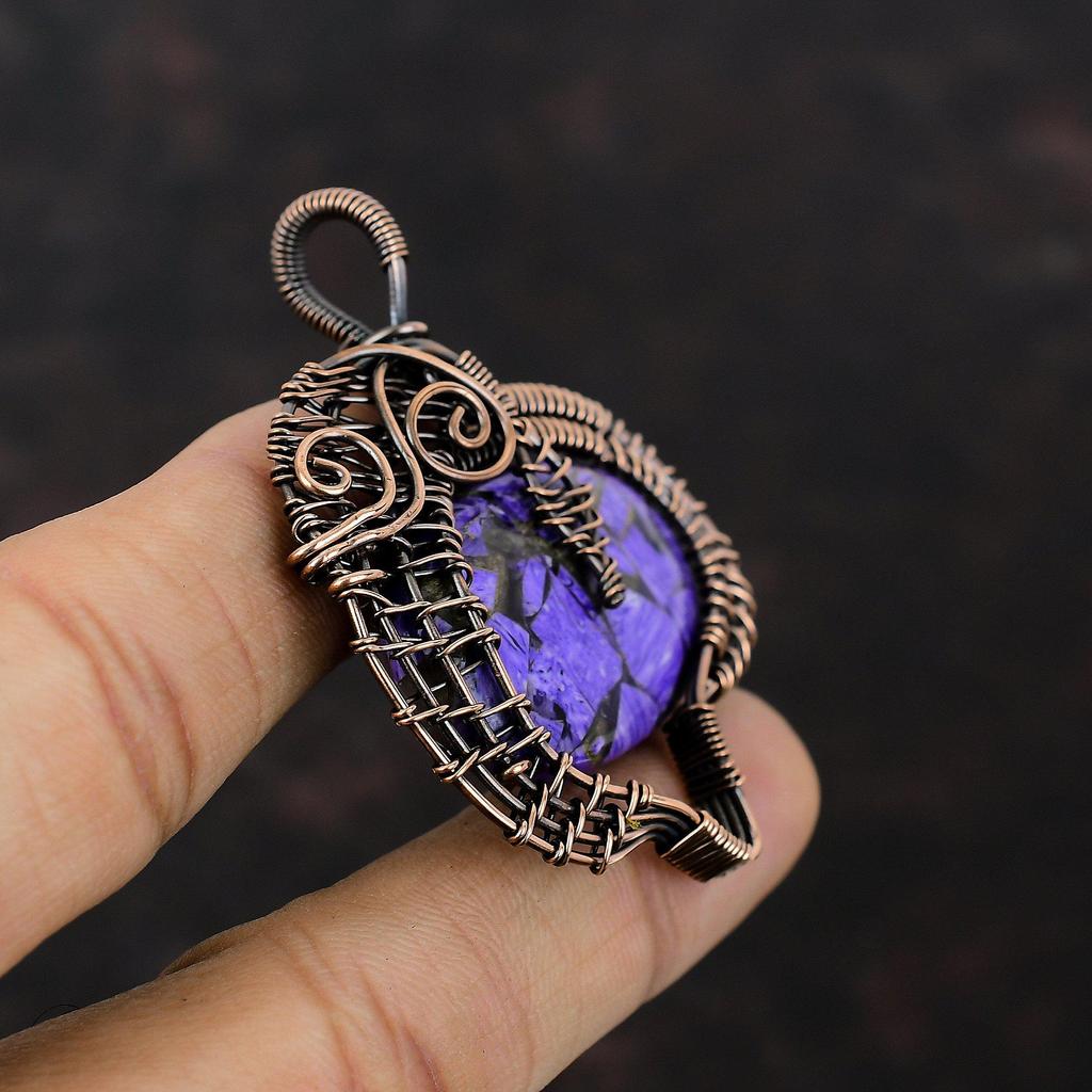 Медный кулон с чароитом, подвеска из медной проволоки с драгоценным камнем, антикварная бижутерия ручной работы, потрясающий медный кулон с проволочной обмоткой, подарок для девушки
