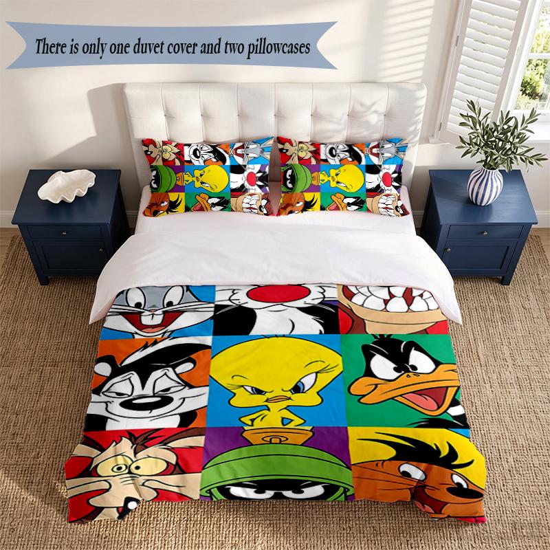 Looney Tunes 3‑Piece Bedding Set Soft Microfiber Duvet Cover Pillowcases Comfortable Bed Linen for Bedroom Decoration