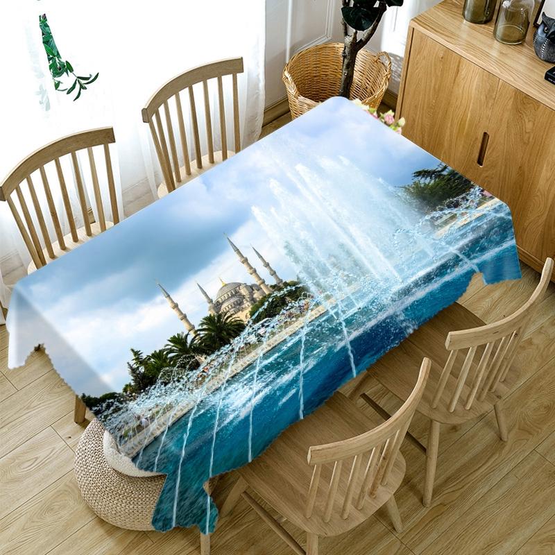 Ancient Castle Building And Fountain Pattern Tablecloth Thicken Cotton Rectangular Round Table Cloth For Wedding Picnic Party