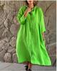 2023 Women's Cotton Linen Dress: Solid Color, Casual Stand-up Collar, Button-Down Long Dress