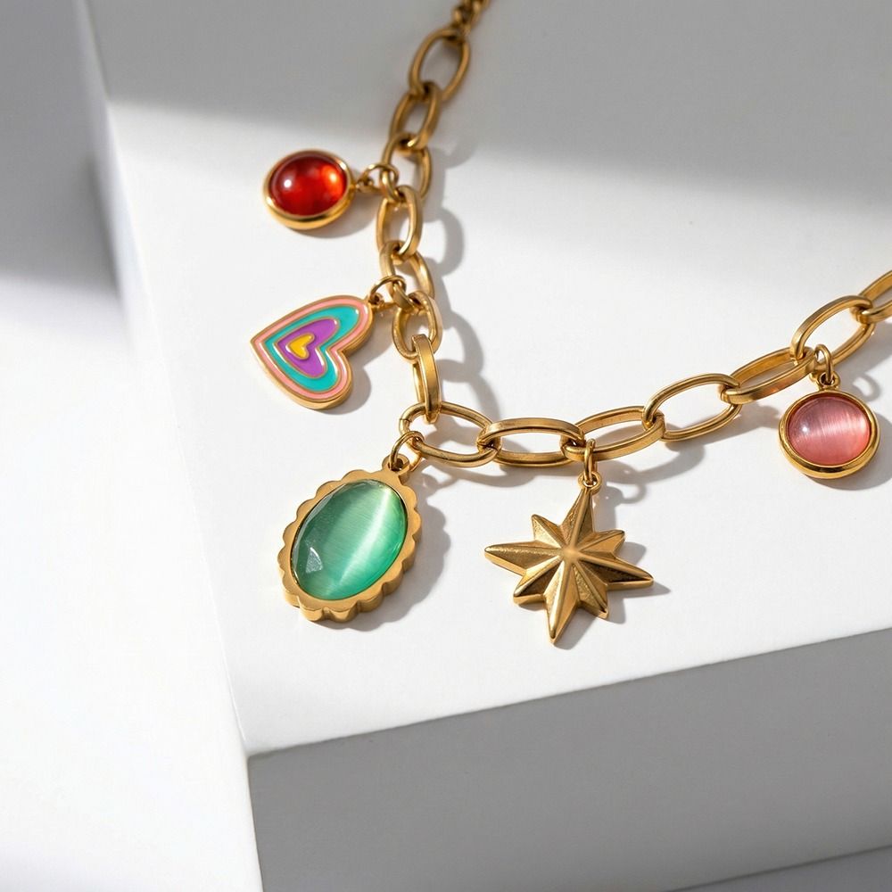 18 K Gold Plated Pendant Necklace Stainless Steel Choker Necklaces Charm Chain  Women's Jewelry