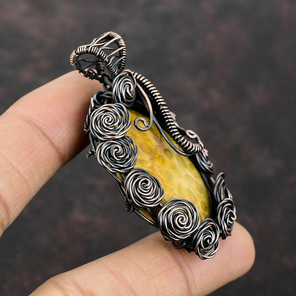 Подвеска из ископаемого коралла, обернутая медной проволокой, подвеска из драгоценного камня, медные украшения, подвеска ручной работы, обернутая проволокой, окаменевший коралл, ювелирные изделия, подарок на годовщину