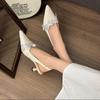 2025 весна новые французские туфли с острым носком на тонком каблуке и высоком каблуке в европейском и американском стиле женские туфли с заостренным носком со стразами и бантом