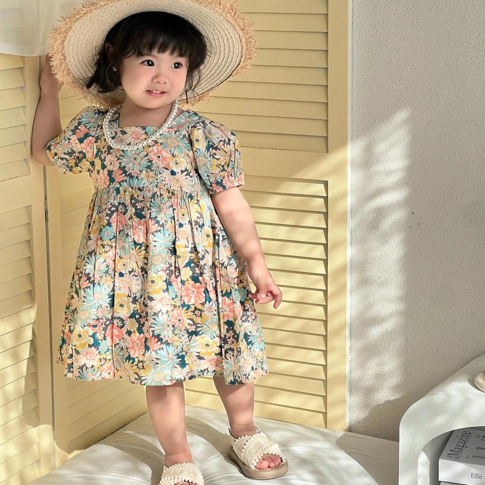 Летнее платье с цветочным принтом для девочек, новое детское модное платье для маленьких девочек, платье принцессы с бантом для маленьких девочек