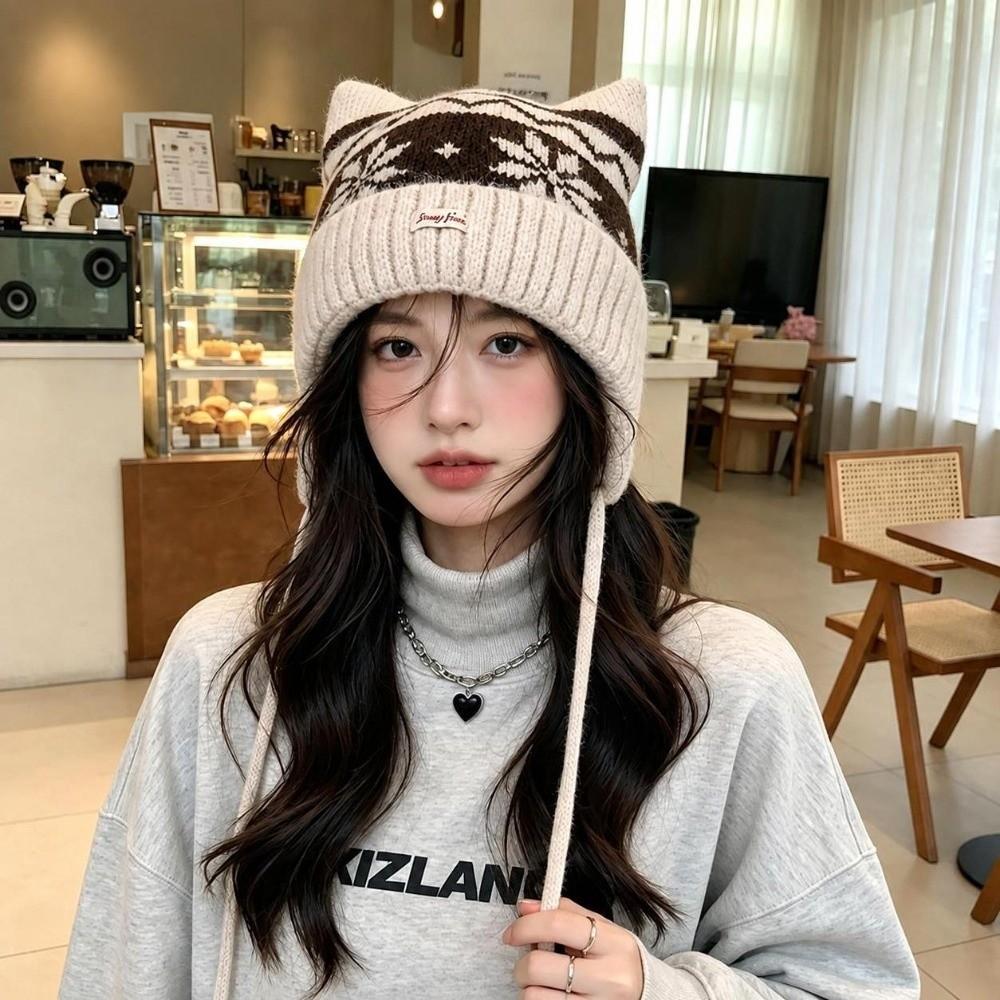 Fair Isle Pattern Knitted Beanie Hat Chin Strap Winter Beanie Hat Wool Blend Knit Hat  For Women