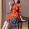 Fashion Retro Plexue Dress Female 2022 Spring National Wind Printed High-end Foreign Air Large A Word Skirt Long Sleeve Dress