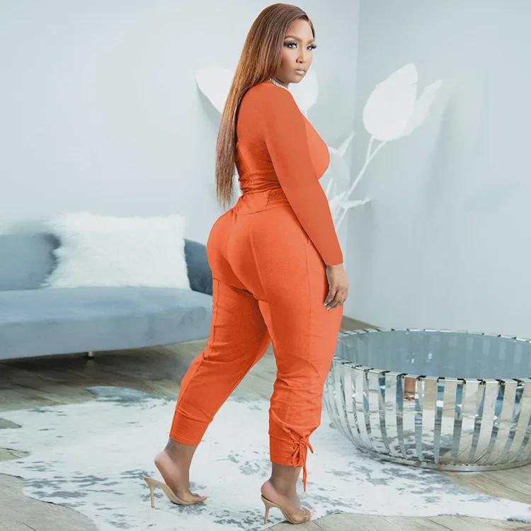 European & American Plus Size V-Neck Solid Color Casual Two-Piece Legging Suit for Women