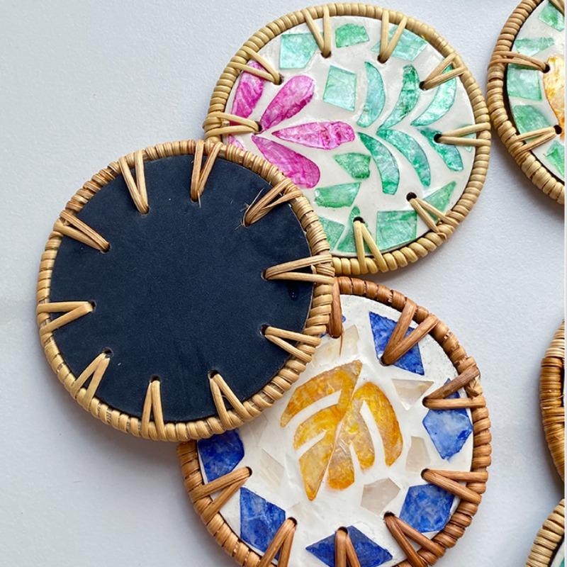 Bohemian Real Rattan Finely Woven Color Shell Placemat Nordic Insulation Pad Restaurant Home Round Desktop Decorative Coasters