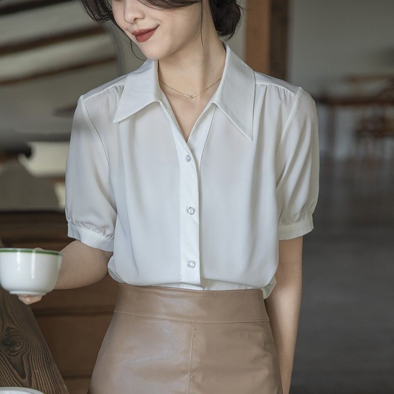 Ретро голубая рубашка с коротким рукавом для женщин Весенне-летняя новинка Формальная рубашка Топ для поездок на работу