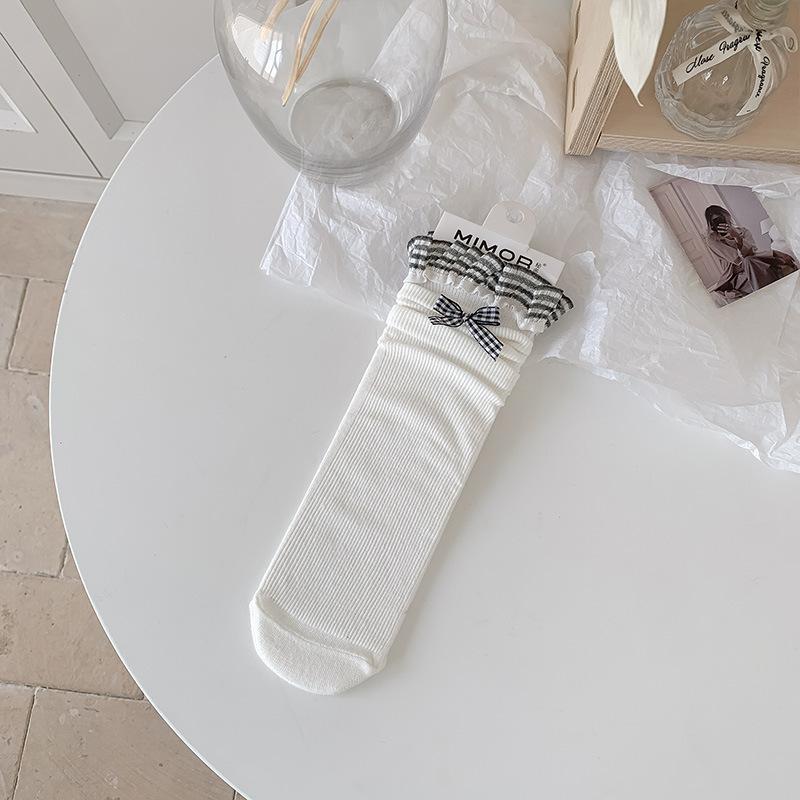 Ladies Summer Thin Bow Plingham Lace Ballet Breathable Boneless Mid Tube Pile Socks