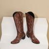Вышивка Западные Женские Сапоги до Колена Коричневые Черные ПУ Квадратный Каблук Зимние Круглый Носок Винтажные Ковбойские Ковбойские Слипоны Длинные Сапоги