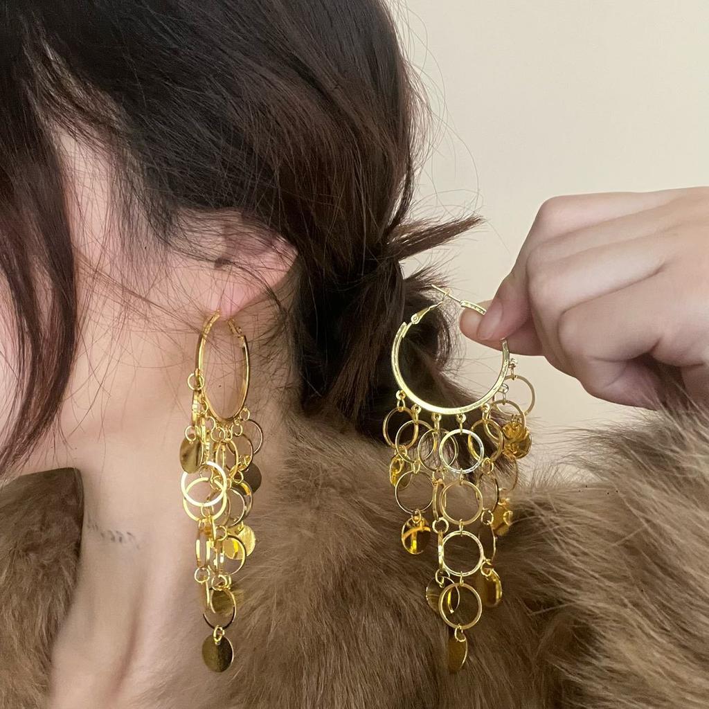 European and American Exaggerated Fringed Multi-layer Metal Disc Earrings for Women, Niche Design Geometric Hollow Personality Earrings