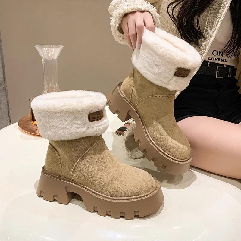 Модные женские сапоги на платформе 2024 года, новые теплые и утепленные зимние женские сапоги, модные короткие плюшевые ботильоны на высоком каблуке Bota Feminina