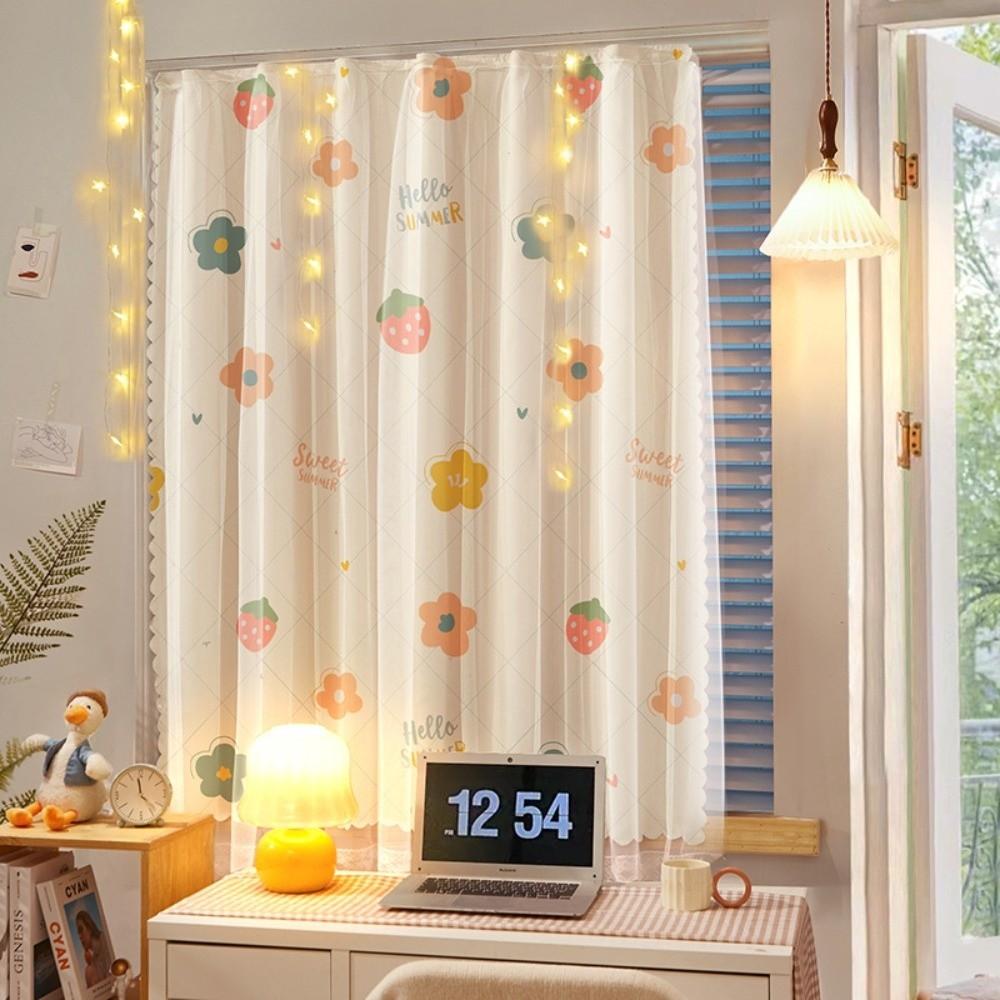 1 Pc No Drill Double Layer Curtain Cartoon Pattern with Rope Blackout Curtains Self-adhesive Bedroom Curtains Rental Housing