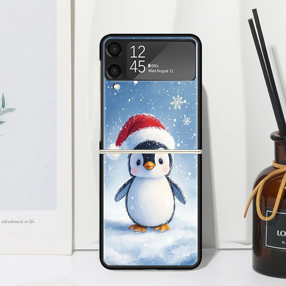 Christmas Penguin Phone Case Cover for Samsung Galaxy Z Flip 7 6 5 4 3 5G Flip3 Flip4 Flip5 ZFlip6 ZFlip7 Black Fundas Galaxy Z