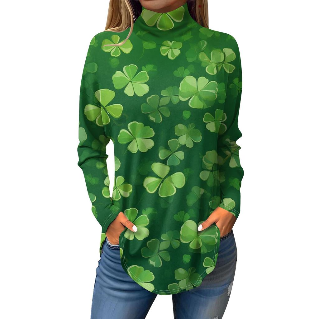 Женский свободный с высоким воротом St. Футболка с длинным рукавом и принтом Патрика. Верхний пуловер.