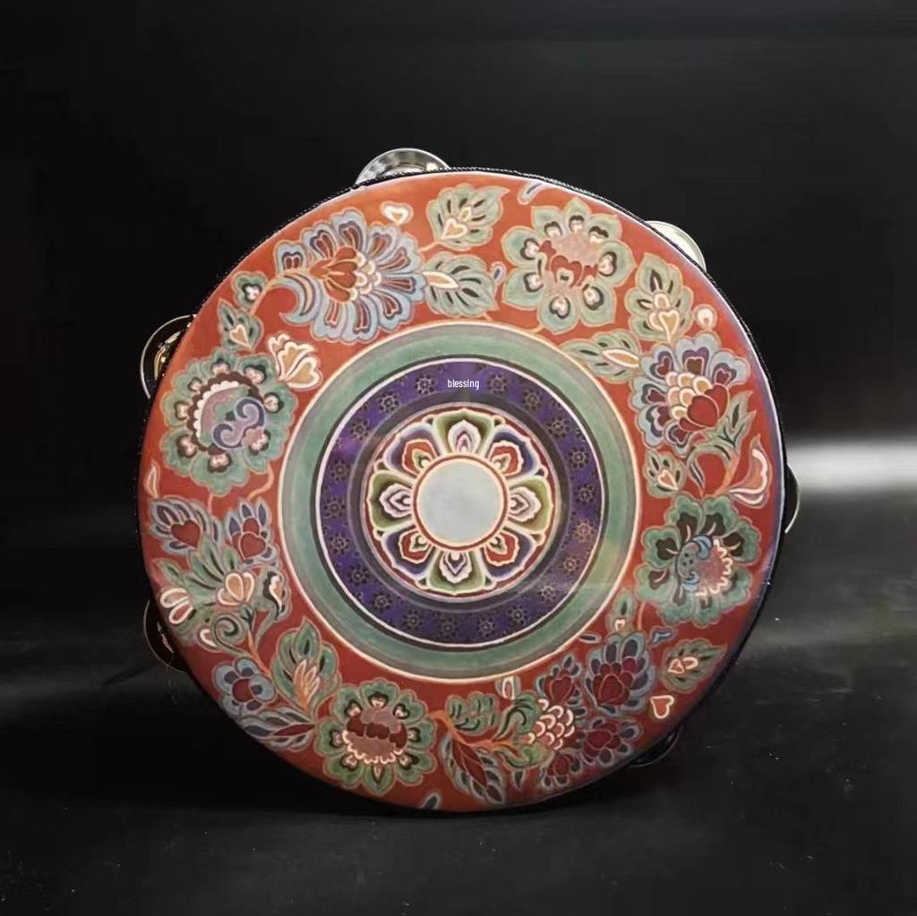 8-Inch Xinjiang Uyghur Hand Drum for Dance and Performance, Single-Row Tambourine with Jingle Bells.